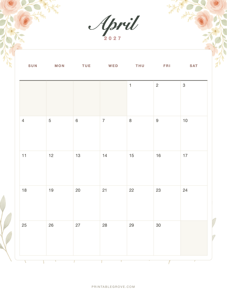 Floral April 2027 Calendar — free printable PDF