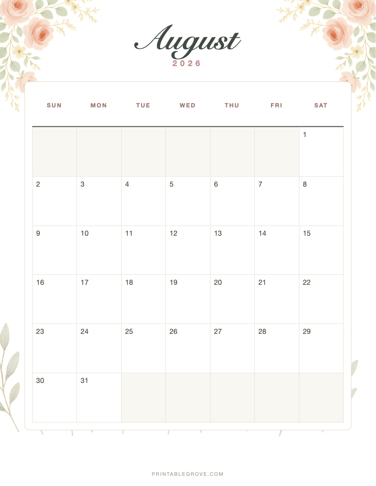 Floral August 2026 Calendar — free printable PDF preview