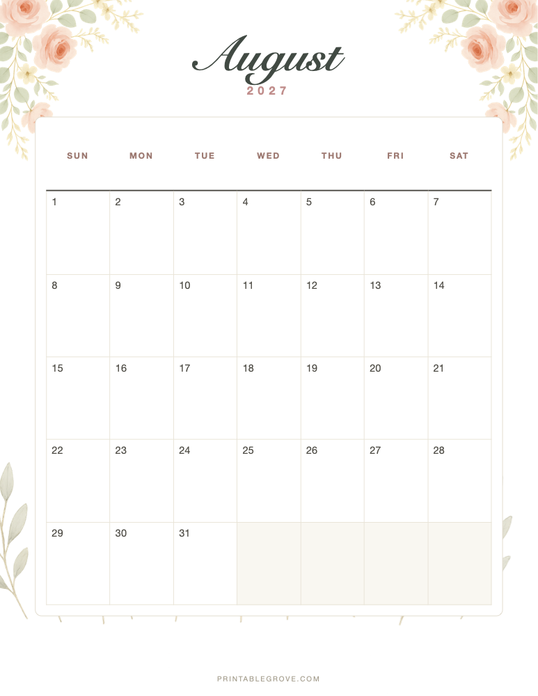 Floral August 2027 Calendar — free printable PDF preview