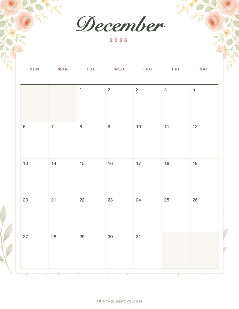 Floral December 2026 Calendar — free printable PDF