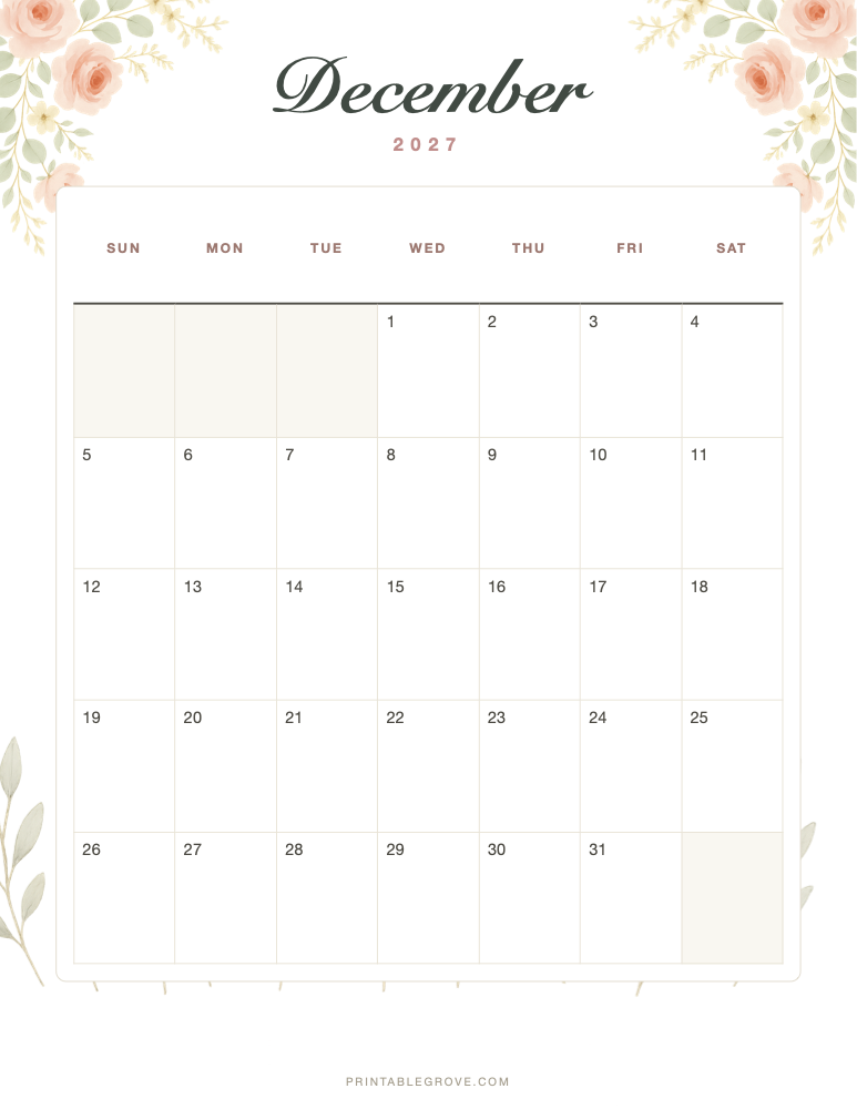 Floral December 2027 Calendar — free printable PDF