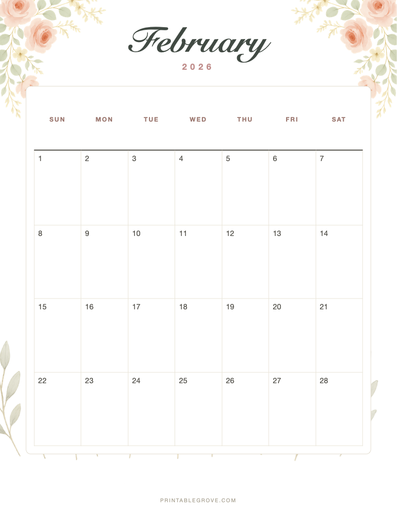 Floral February 2026 Calendar — free printable PDF
