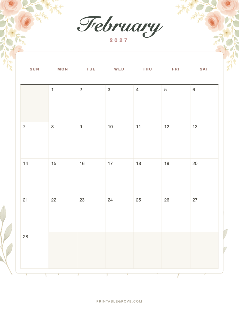 Floral February 2027 Calendar — free printable PDF