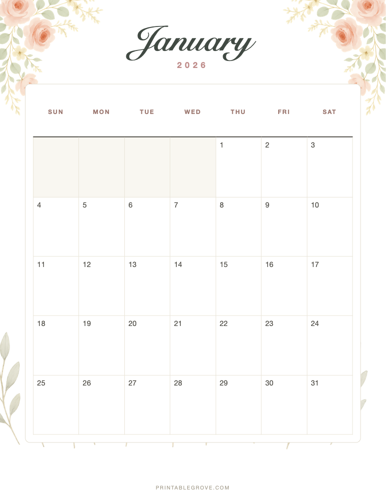 Floral January 2026 Calendar — free printable PDF