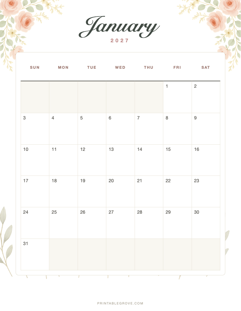 Floral January 2027 Calendar — free printable PDF