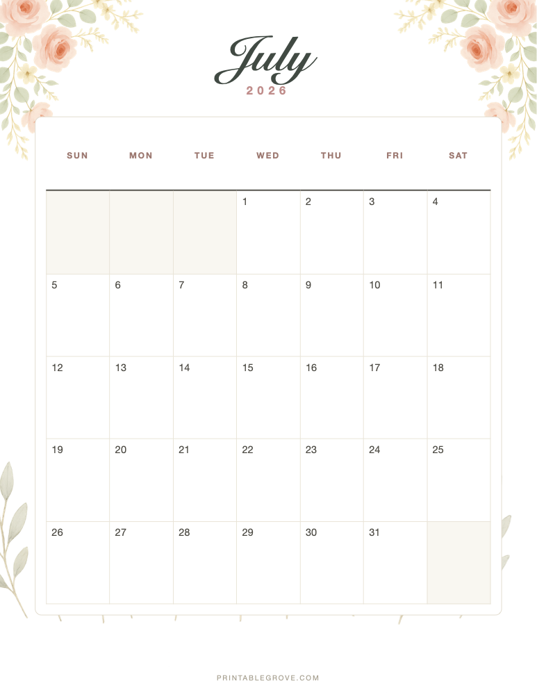Floral July 2026 Calendar — free printable PDF