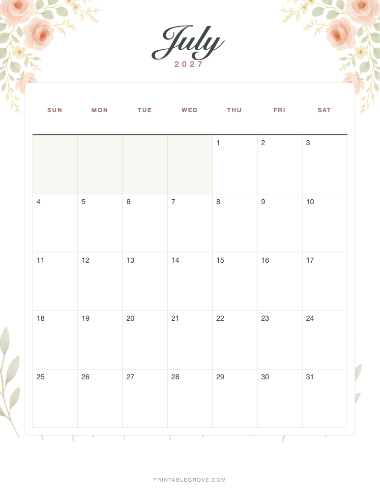 Floral July 2027 Calendar — free printable PDF