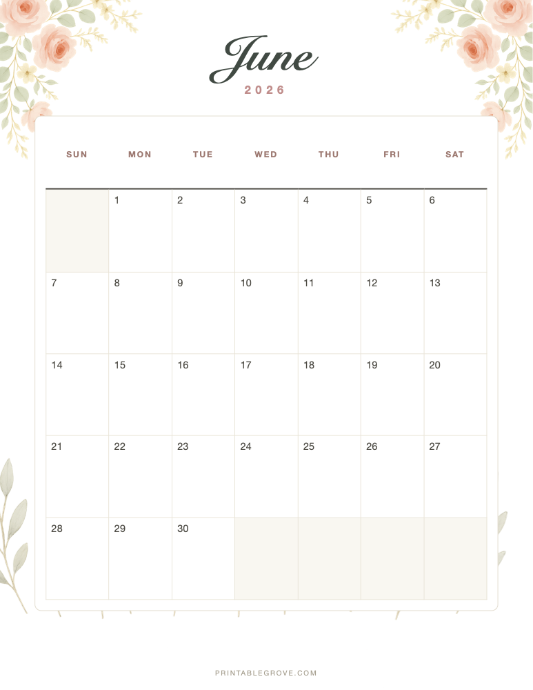 Floral June 2026 Calendar — free printable PDF