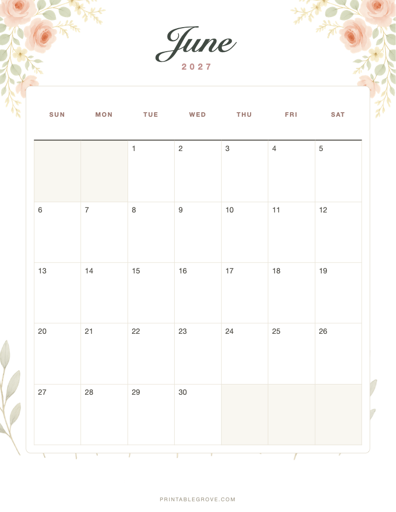 Floral June 2027 Calendar — free printable PDF