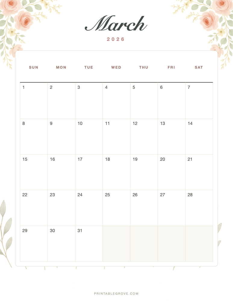Floral March 2026 Calendar — free printable PDF