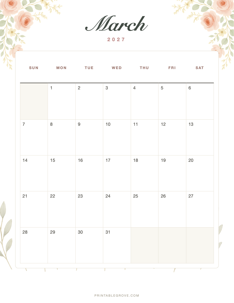 Floral March 2027 Calendar — free printable PDF