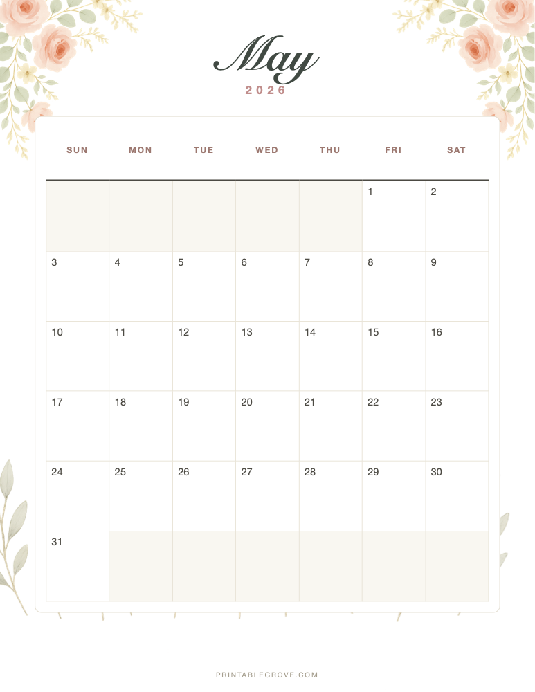 Floral May 2026 Calendar — free printable PDF preview