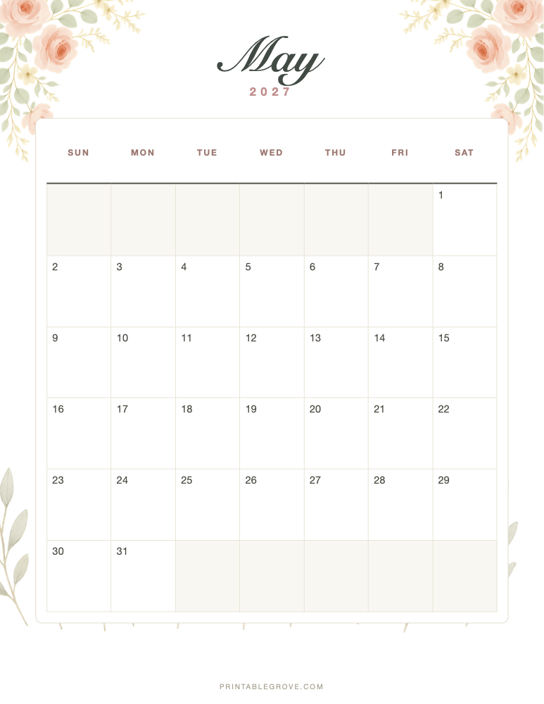 Floral May 2027 Calendar — free printable PDF preview