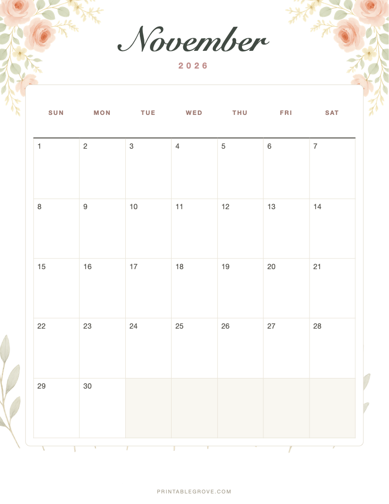Floral November 2026 Calendar — free printable PDF