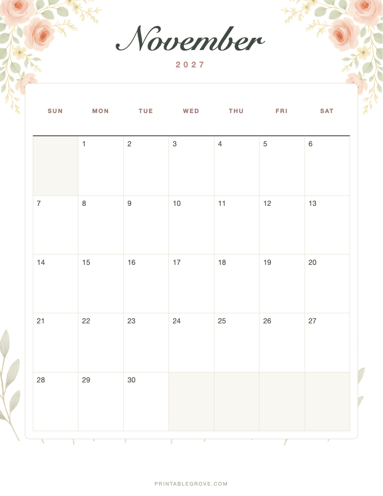 Floral November 2027 Calendar — free printable PDF