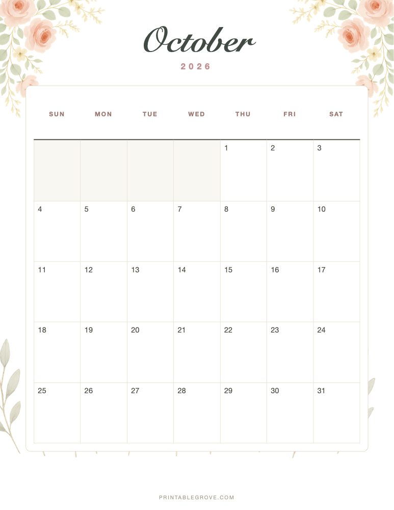 Floral October 2026 Calendar — free printable PDF