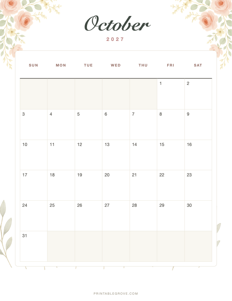 Floral October 2027 Calendar — free printable PDF