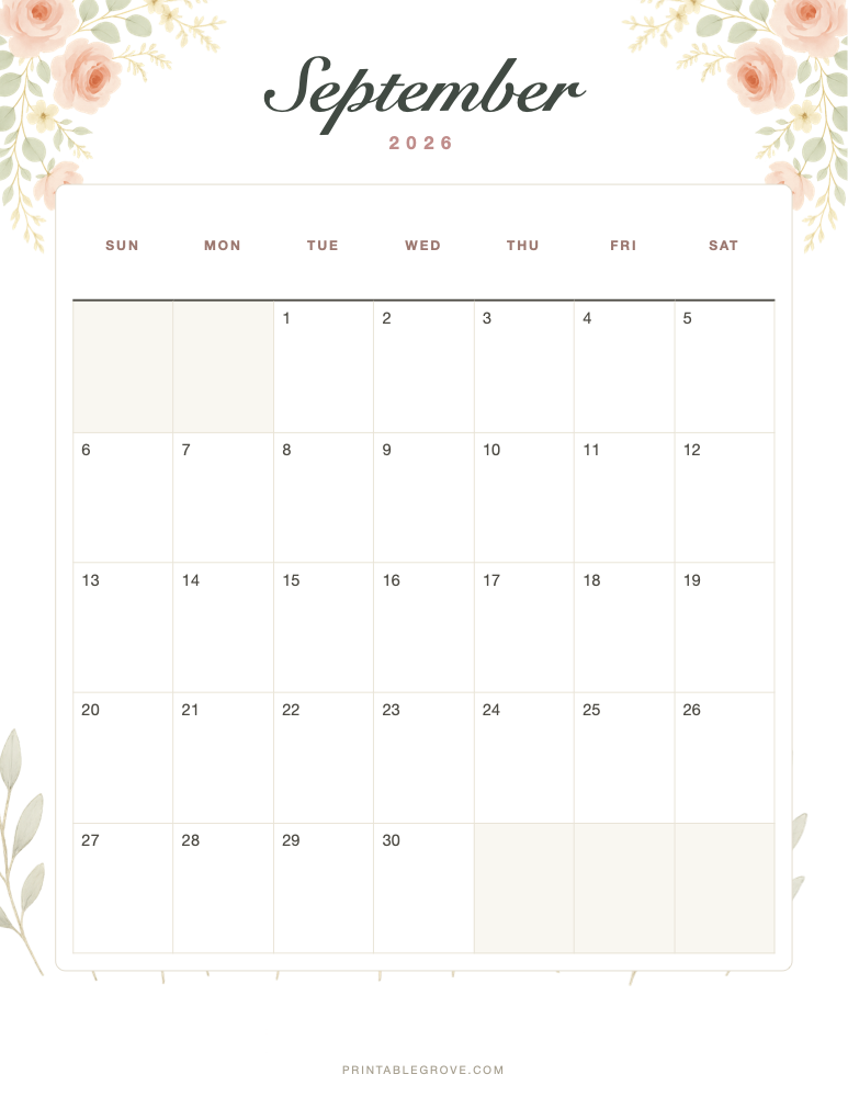 Floral September 2026 Calendar — free printable PDF