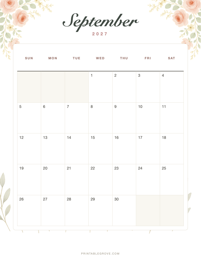 Floral September 2027 Calendar — free printable PDF