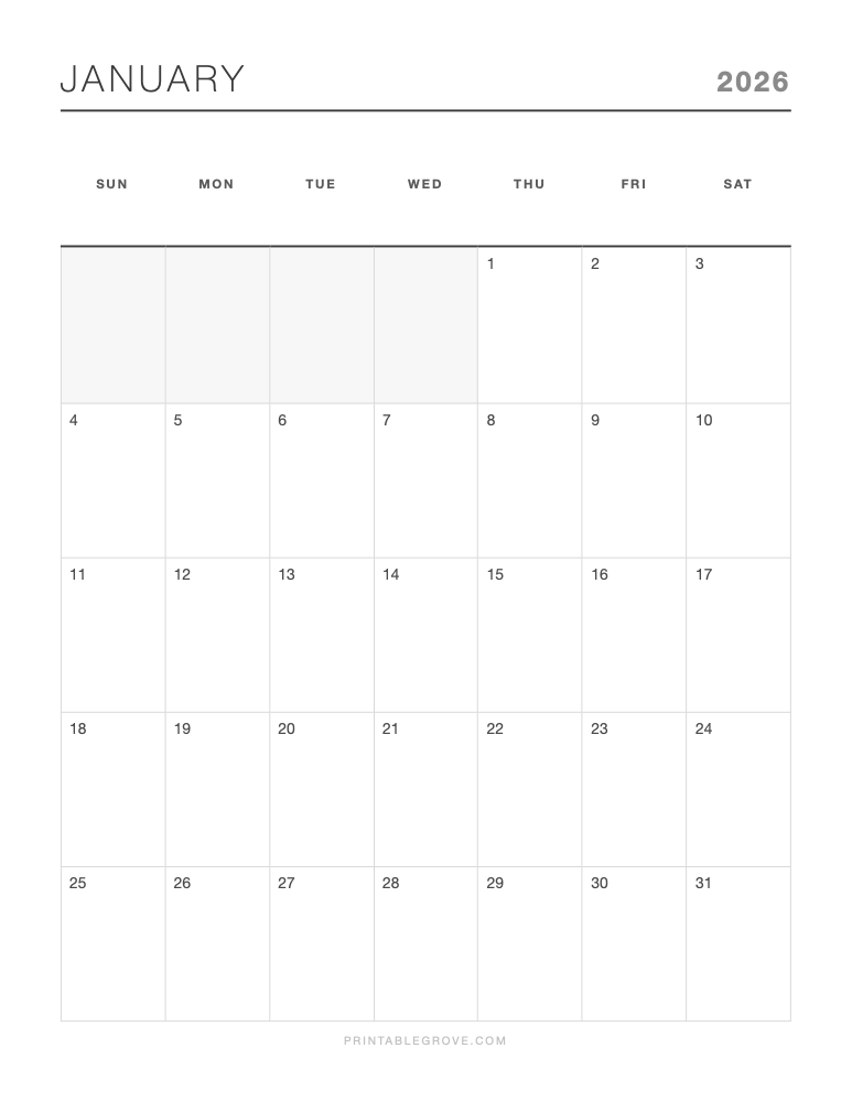 January 2026 Calendar — free printable PDF