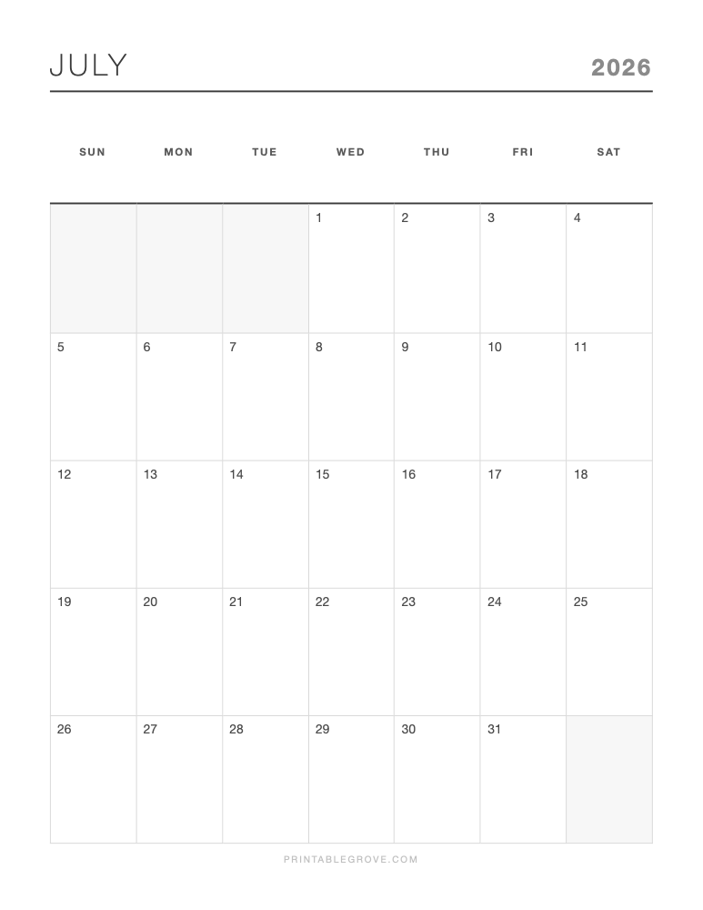 July 2026 Calendar — free printable PDF