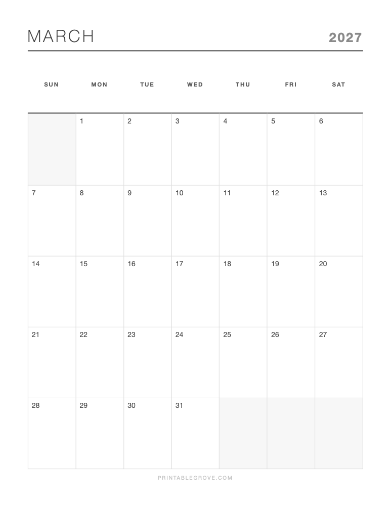 March 2027 Calendar — free printable PDF