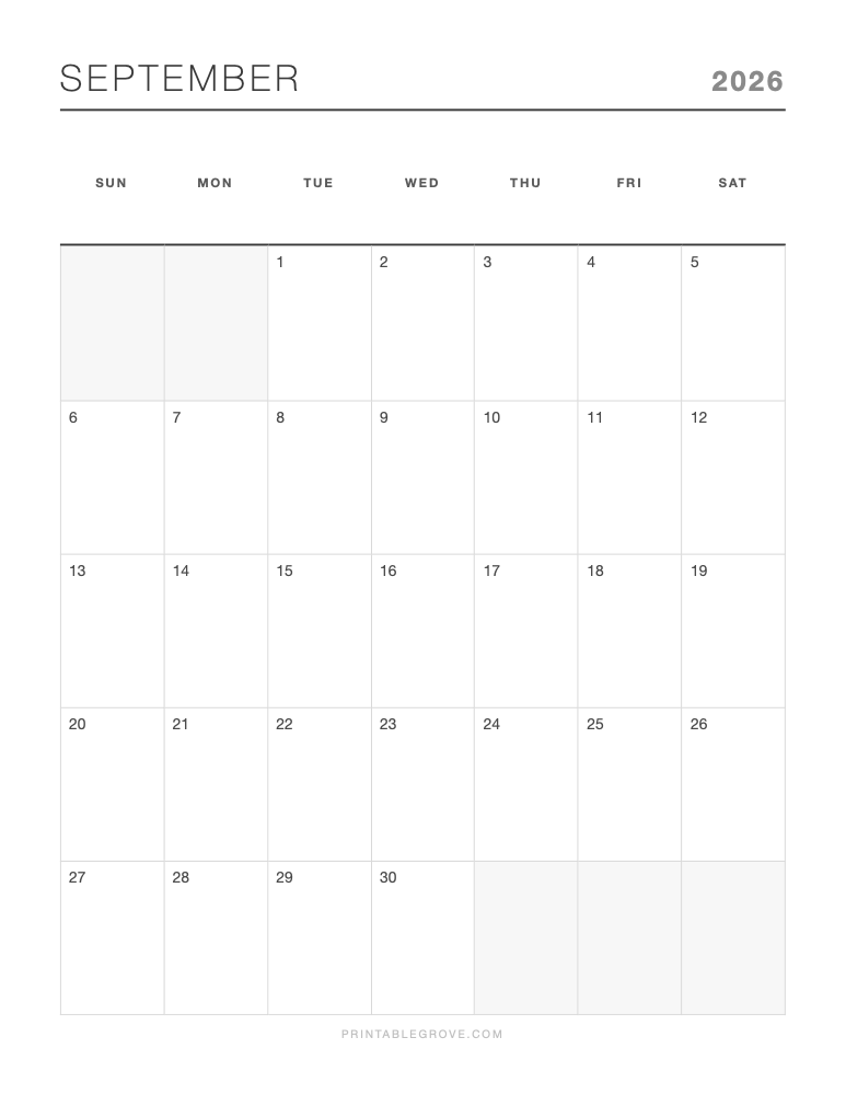 September 2026 Calendar — free printable PDF