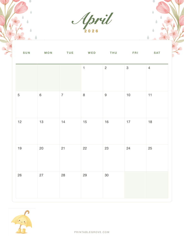 Spring April 2026 Calendar — free printable PDF
