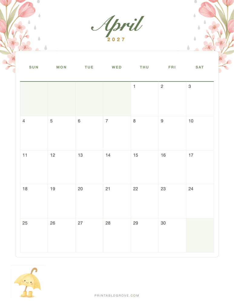 Spring April 2027 Calendar — free printable PDF