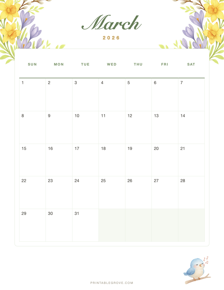Spring March 2026 Calendar — free printable PDF