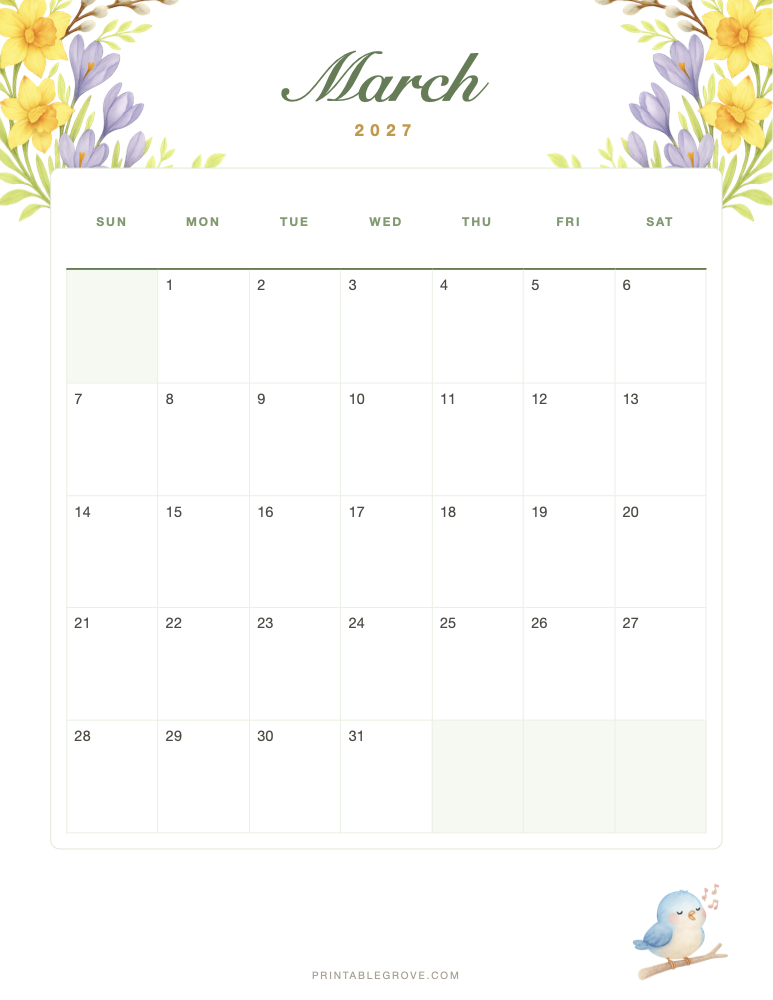Spring March 2027 Calendar — free printable PDF