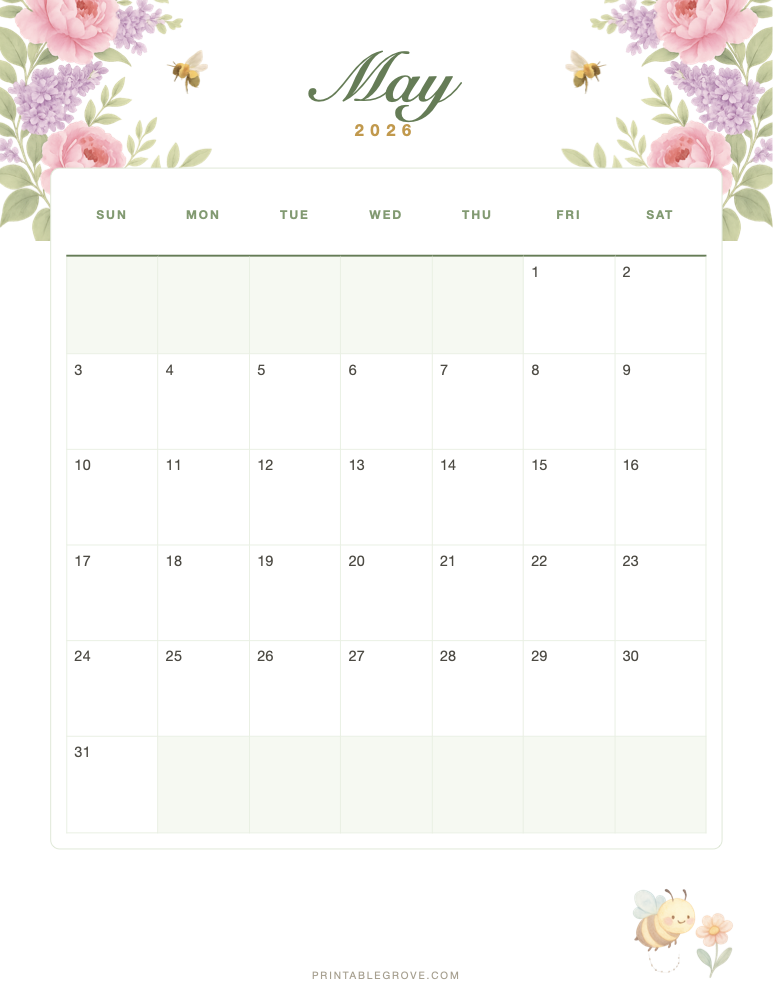 Spring May 2026 Calendar — free printable PDF