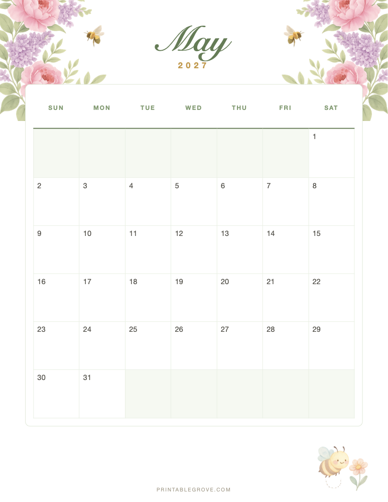 Spring May 2027 Calendar — free printable PDF