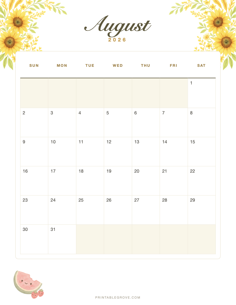 Summer August 2026 Calendar — free printable PDF
