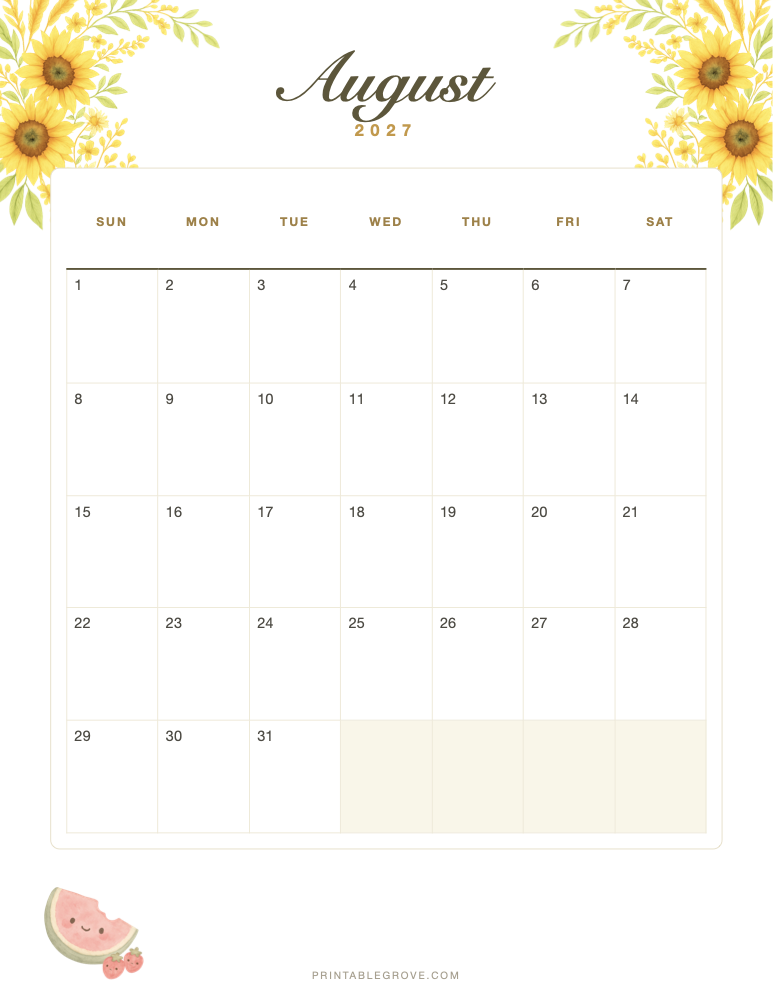 Summer August 2027 Calendar — free printable PDF