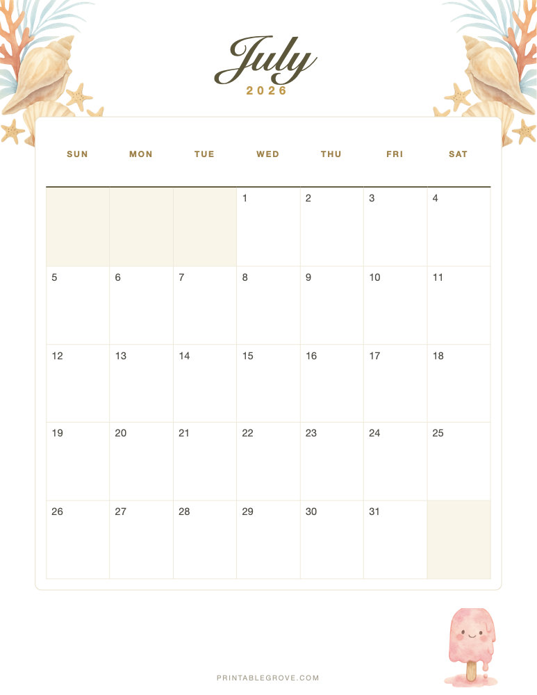 Summer July 2026 Calendar — free printable PDF