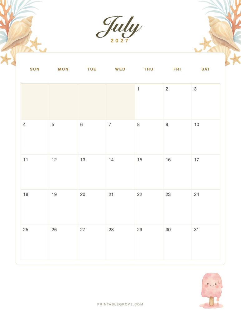 Summer July 2027 Calendar — free printable PDF