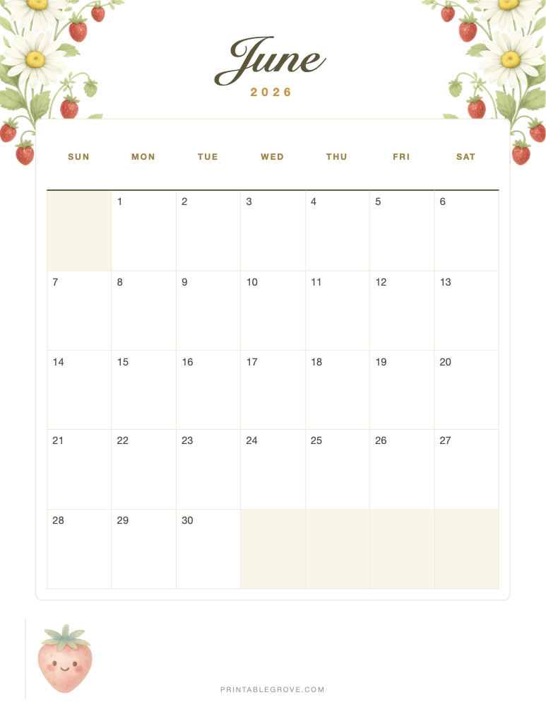 Summer June 2026 Calendar — free printable PDF