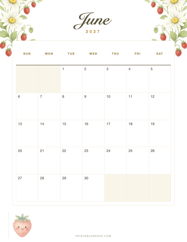Summer June 2027 Calendar — free printable PDF