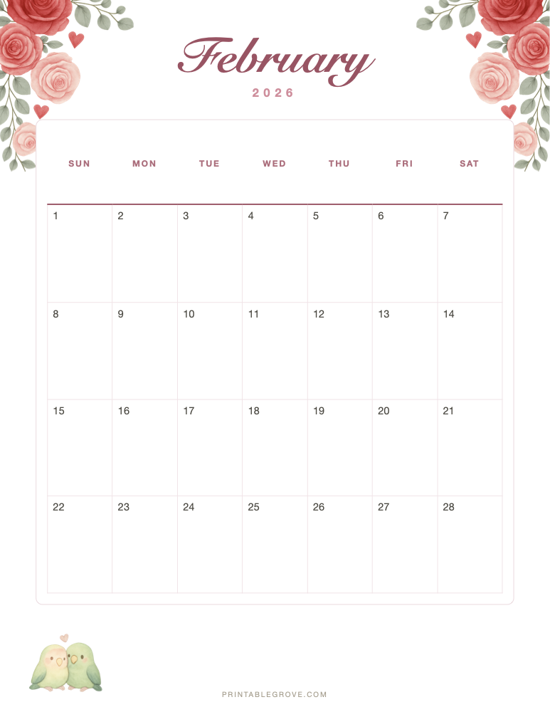 Valentine February 2026 Calendar — free printable PDF
