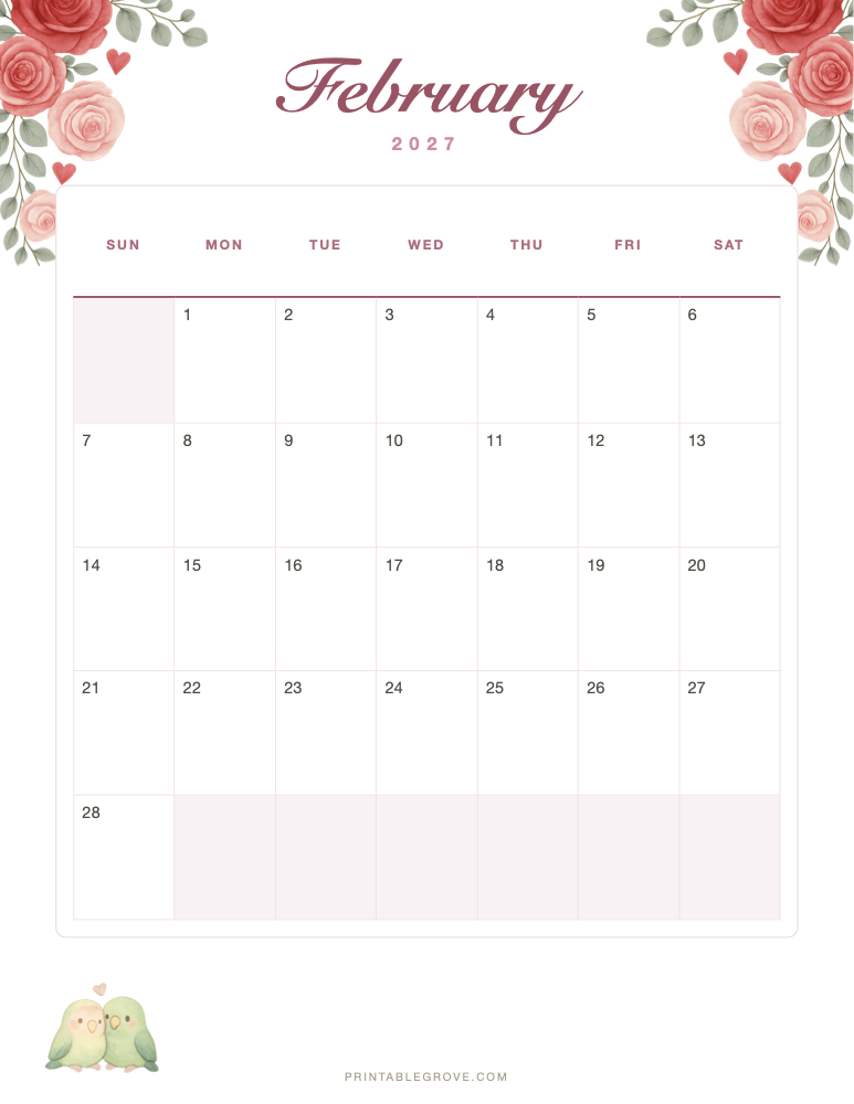 Valentine February 2027 Calendar — free printable PDF