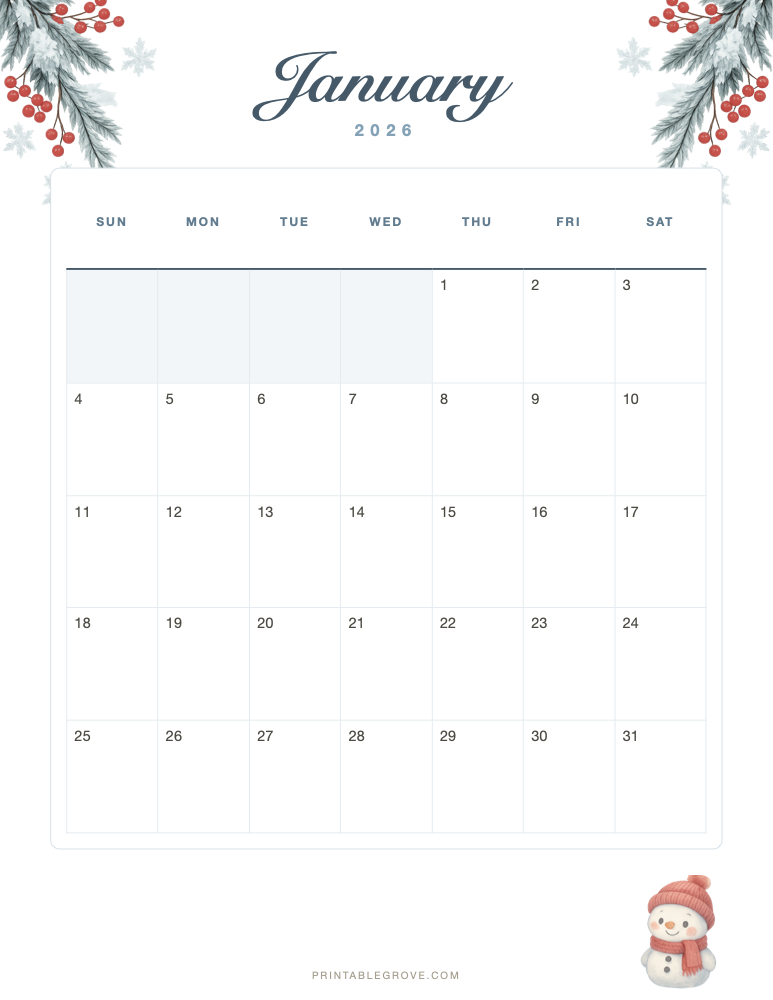 Winter January 2026 Calendar — free printable PDF