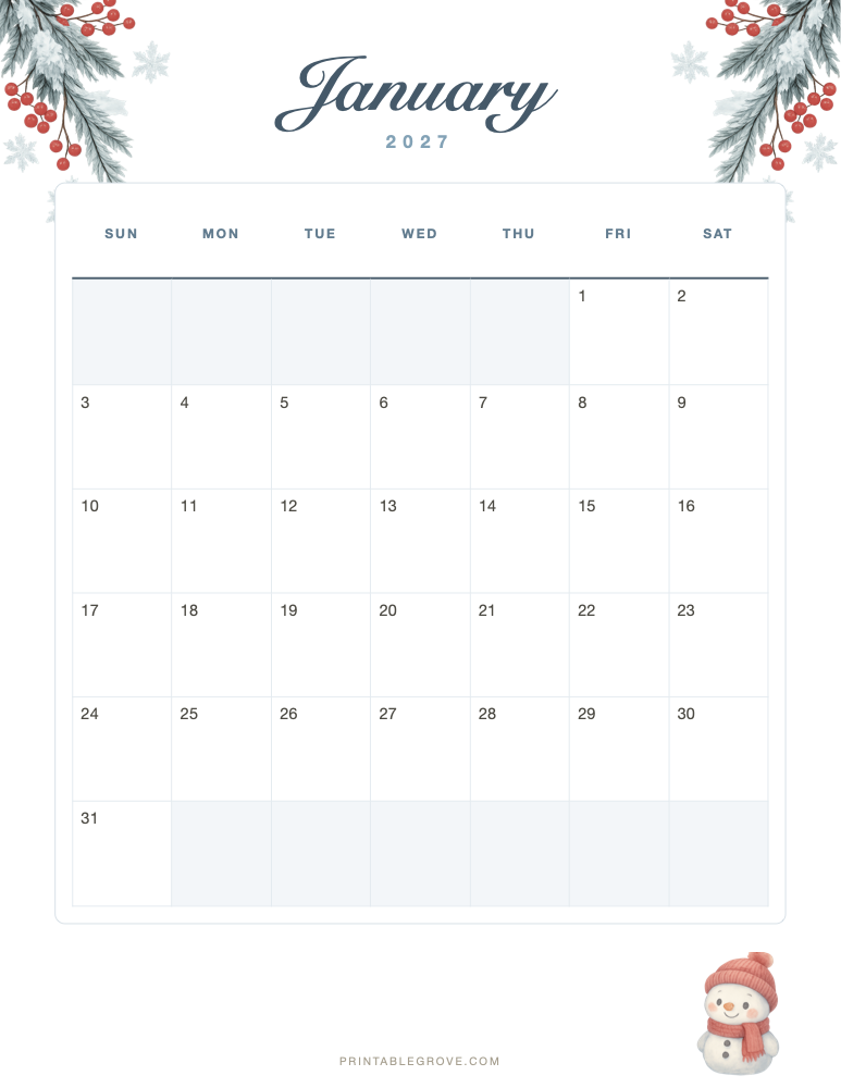 Winter January 2027 Calendar — free printable PDF
